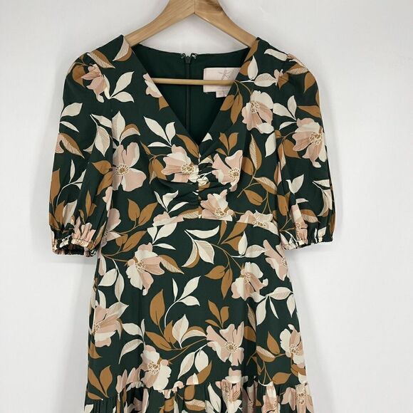 Gal Meets Glam Dress Size 0 Green Tiered Midi Tegan Floral Puff Sleeve Prairie - Picture 2 of 7